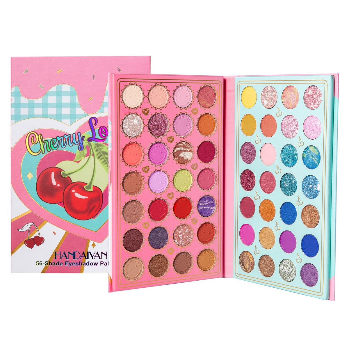 Handaiyan Paleta Farduri Ochi Cherry Love, Trusa Machiaj Profesionala cu 56 Culori Pigmentate, Textura Mata Metalica Sidefata si Glitter, 56 Nuante Multi-Color