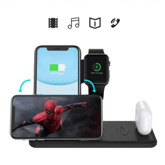 Incarcator Wireless Fast Charge 4 In 1, Statie Incarcare Rapida 15W, Design Pliabil, Compatibil iPhone, Apple Watch, Airpods, Samsung si Android, Negru