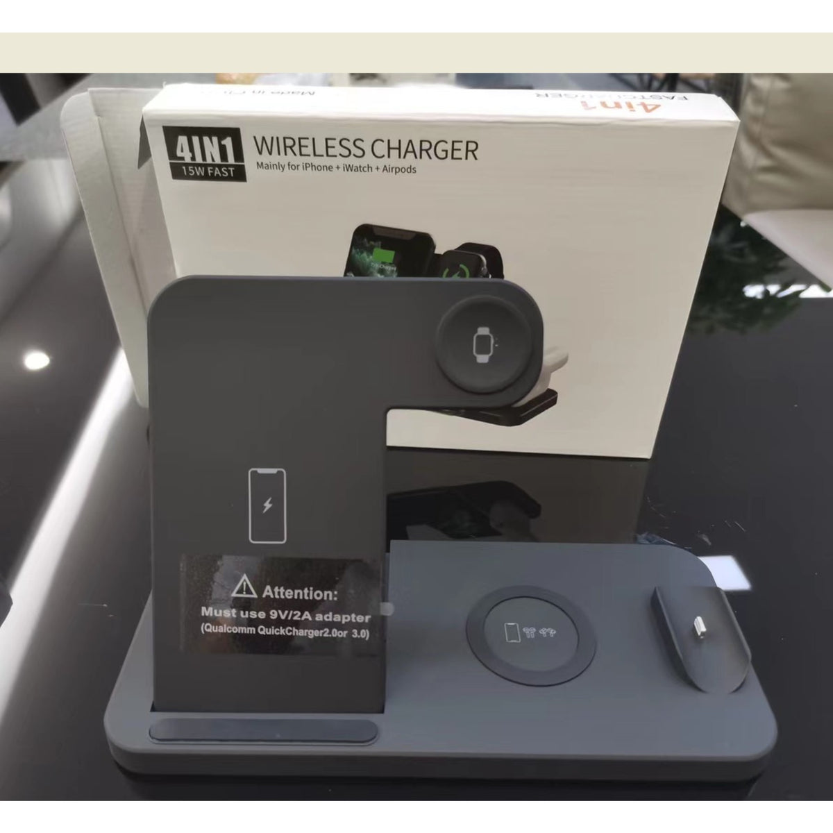 Incarcator Wireless Fast Charge 4 In 1, Statie Incarcare Rapida 15W, Design Pliabil, Compatibil iPhone, Apple Watch, Airpods, Samsung si Android, Negru
