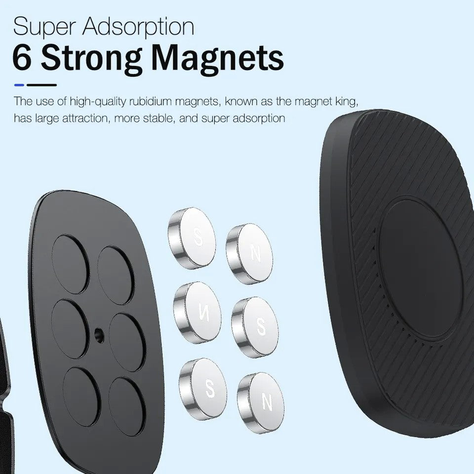Suport Auto Magnetic JS-668, Holder Universal cu 6 Magneti Neodymium, Rotatie 360 Grade, Prindere Grila Ventilatie si Adeziv, Compatibil Telefoane 4-7 Inch, ABS si Silicon, Negru