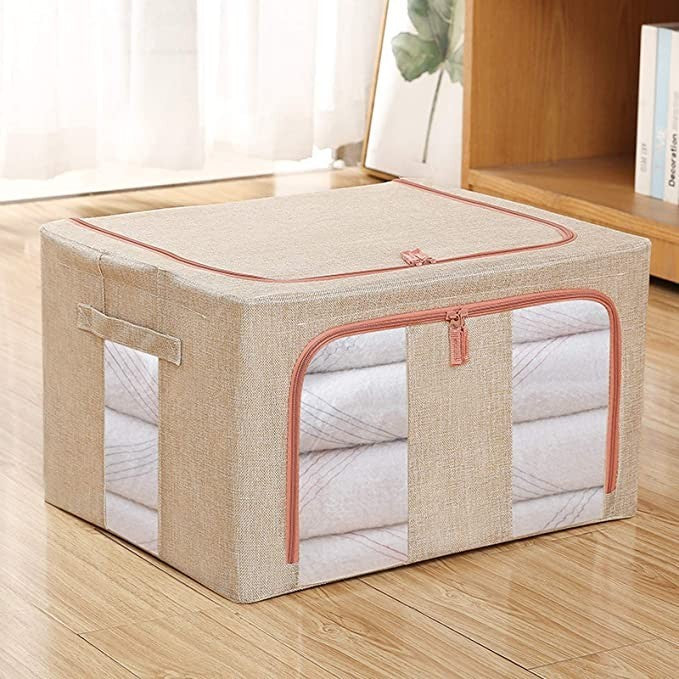 Cutie Depozitare Haine si Pilote, Organizator Pliabil cu Cadru Metalic si Fermoar, 2 Ferestre Transparente, Bumbac si In, 100 L, 60x42x40 cm, Crem