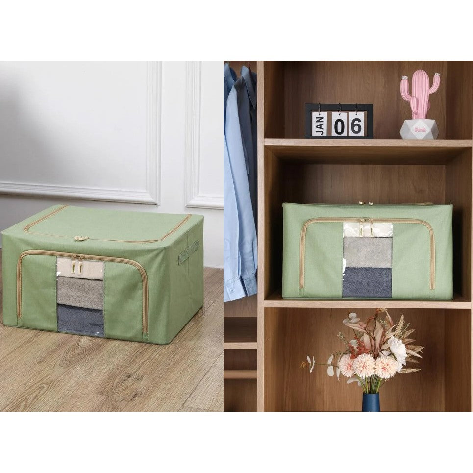Cutie Depozitare Pliabila Cu Fermoar, Organizator Haine Si Jucarii, Cadru Metalic Si Fereastra Transparenta, Textil Bumbac Si In, 100 L, 60x42x40 cm, Verde