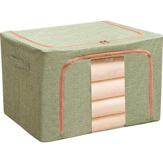 Cutie Depozitare Pliabila Cu Fermoar, Organizator Haine Si Jucarii, Cadru Metalic Si Fereastra Transparenta, Textil Bumbac Si In, 100 L, 60x42x40 cm, Verde