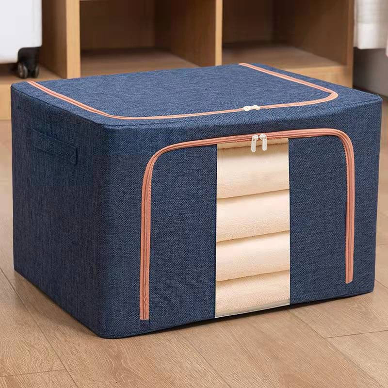 Cutie de Depozitare Pliabila pentru Haine si Jucarii, Organizator cu Fermoar si Cadru Metalic, Bumbac si In, 100 L, 60x42x40 cm, Albastru Marin