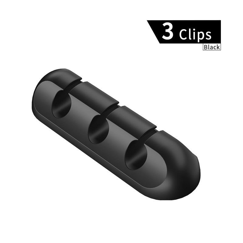 Organizator Cabluri Birou si Auto, Suport Fixare cu Banda Dublu Adeziva, Silicon Flexibil, 3 Sloturi, Negru