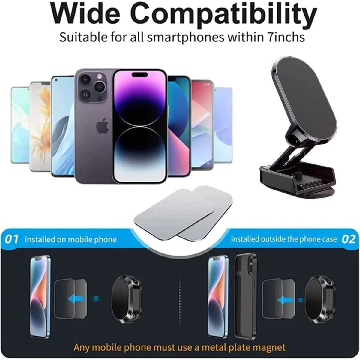 Suport Auto Magnetic Universal, Brat Pliabil si Retractabil, Rotire 360 Grade, Prindere cu Adeziv Nano, Metal si ABS, Negru