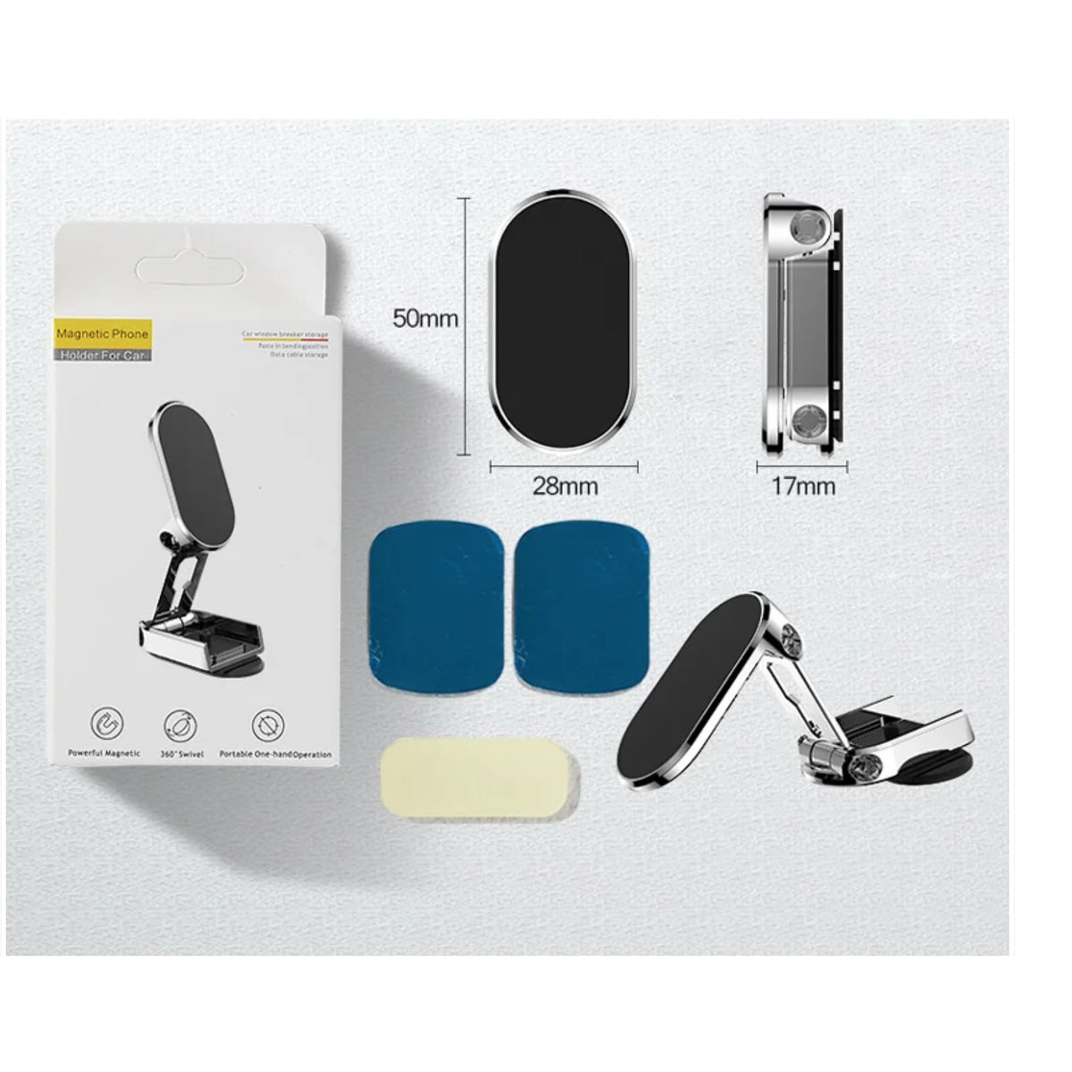 Suport Auto Magnetic Universal, Brat Pliabil si Retractabil, Rotire 360 Grade, Prindere cu Adeziv Nano, Metal si ABS, Negru