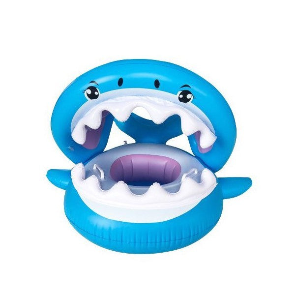 Colac de Inot Gonflabil pentru Copii, Model Rechin cu Chilot Tip Scaunel, Valva de Siguranta, Material PVC Rezistent, Albastru, 90 cm
