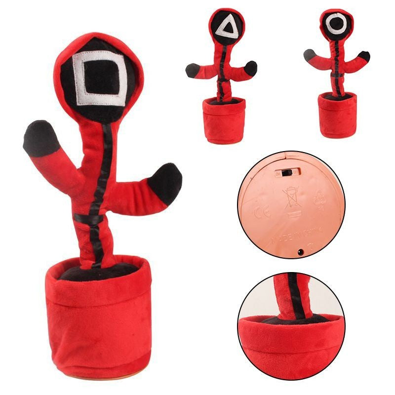 Jucarie Cactus Squid Game Interactiv, Imita, Canta Si Danseaza, Plus, 32 cm, Rosu/Negru, Patrat