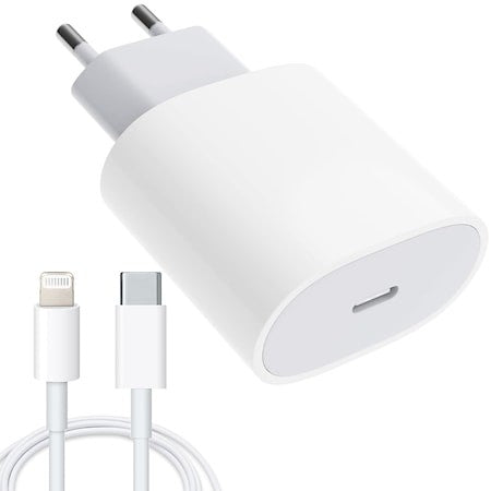 Incarcator Retea Fast Charge Compatibil cu iPhone, Adaptor Priza 20W si Cablu USB Type-C la Lightning, Incarcare Rapida, Alb