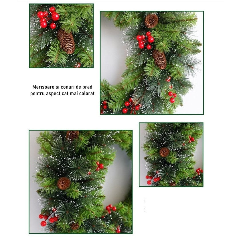 Coronita Craciun Decorativa din Brad Artificial, Ornamente Conuri si Merisoare, Decor Usa sau Perete, Verde, 60 cm