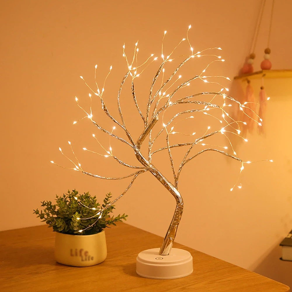 Lampa de Veghe LED Tip Copac, Bonsai Decorativ cu Fir de Cupru, Alimentare USB si Baterii, 108 LED-uri, Alb Cald