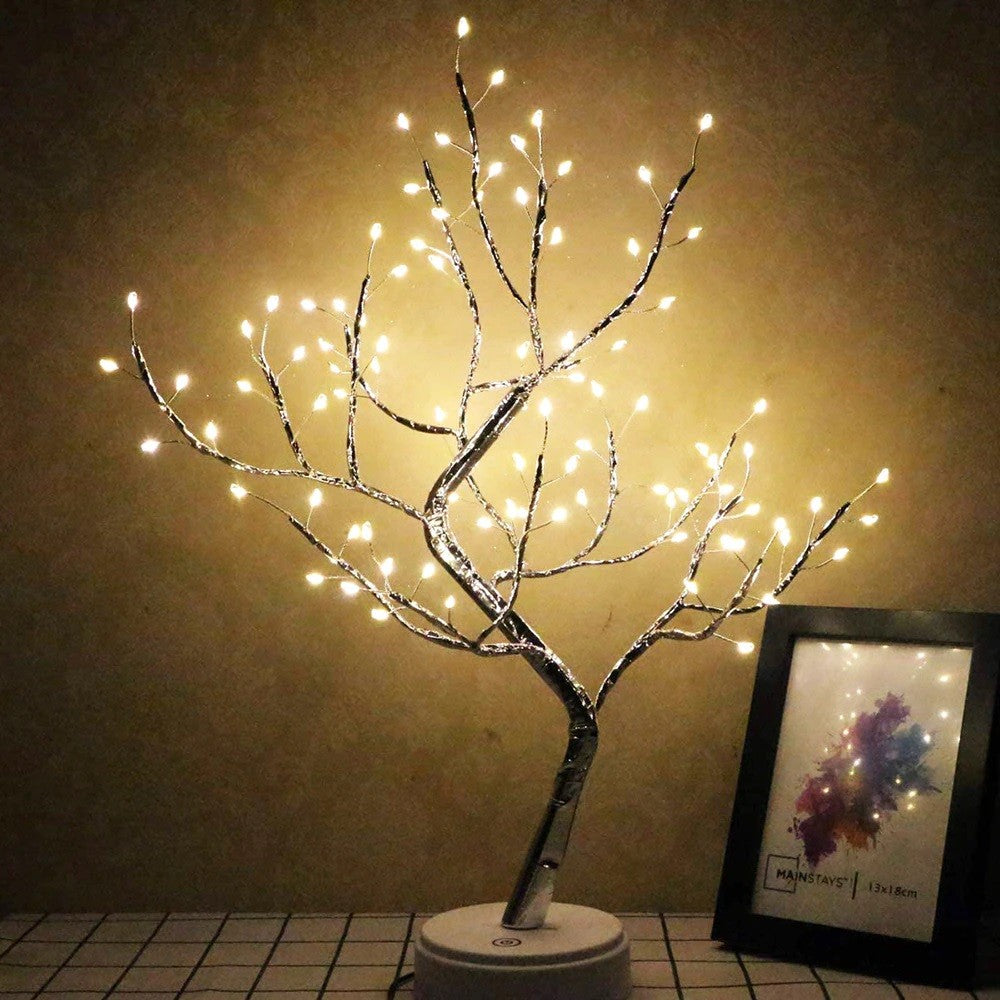 Lampa de Veghe LED Tip Copac, Bonsai Decorativ cu Fir de Cupru, Alimentare USB si Baterii, 108 LED-uri, Alb Cald