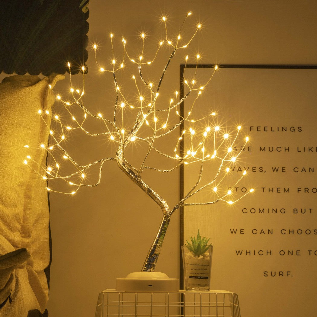 Lampa de Veghe LED Tip Copac, Bonsai Decorativ cu Fir de Cupru, Alimentare USB si Baterii, 108 LED-uri, Alb Cald
