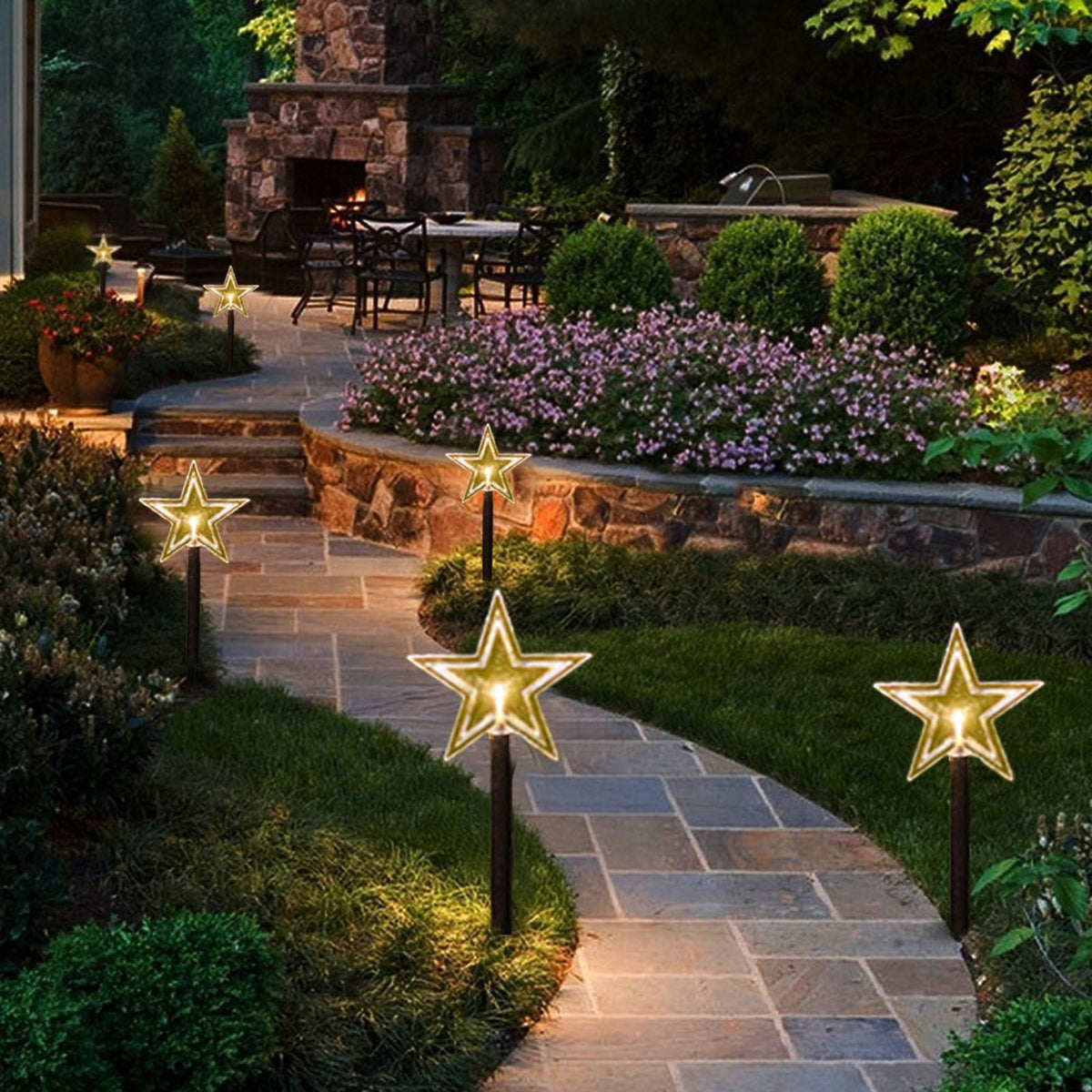 Set 5 Lampi LED de Exterior, Decoratiuni de Gradina Model Stelute, Iluminat Decorativ cu Alimentare pe Baterii, Plastic, 35.5 cm, Alb Cald