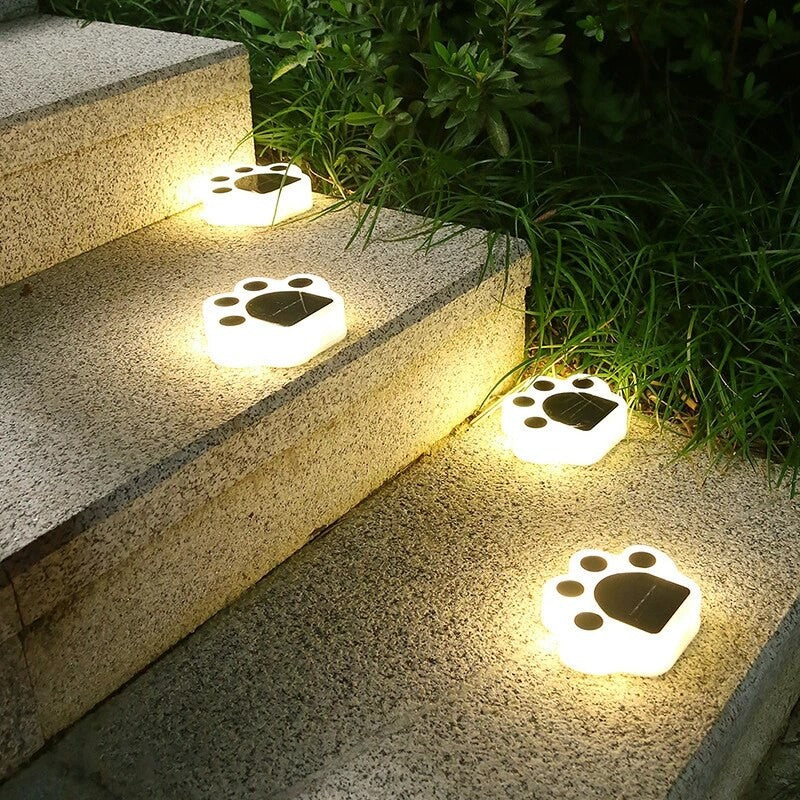 Set 4 Lampi Solare LED pentru Gradina, Model Laba de Urs, Rezistente la Apa IP65, Senzor Lumina si Buton On-Off, ABS, Lumina Calda 3000K, Negru/Alb, 14 x 13 x 3 cm
