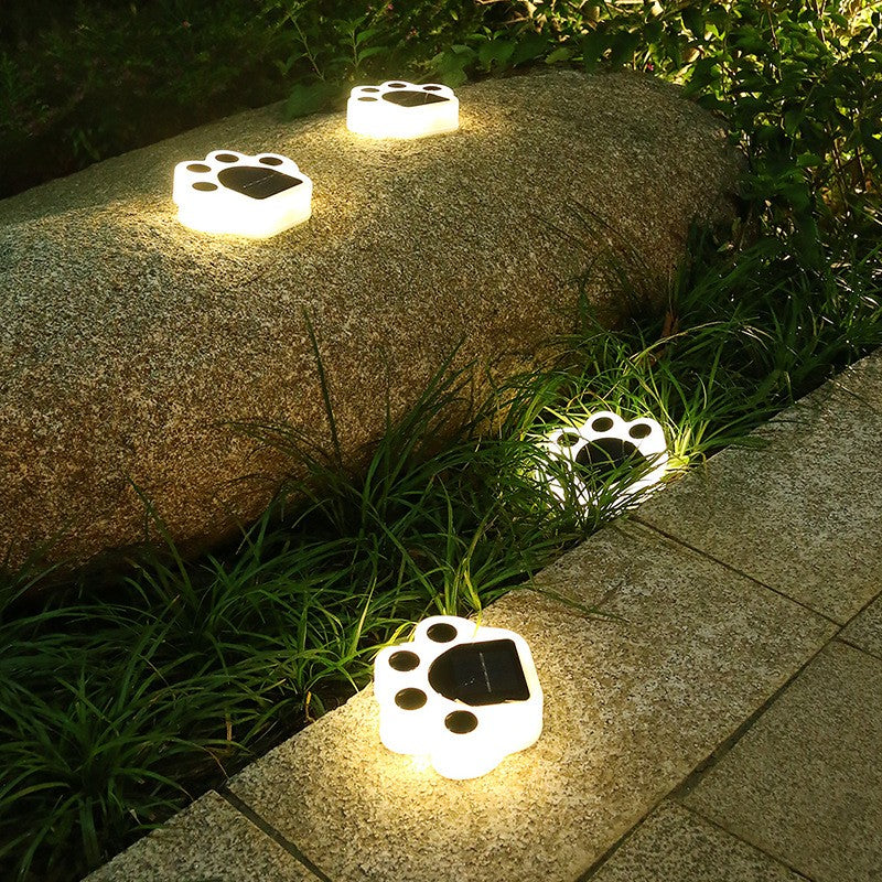 Set 4 Lampi Solare LED pentru Gradina, Model Laba de Urs, Rezistente la Apa IP65, Senzor Lumina si Buton On-Off, ABS, Lumina Calda 3000K, Negru/Alb, 14 x 13 x 3 cm