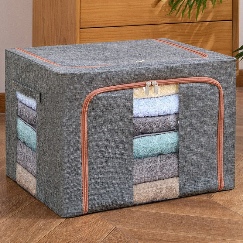 Cutie Depozitare Pliabila Pentru Haine, Organizator Stivuibil Cu Cadru Metalic Si Fermoar Dublu, Fereastra Transparenta, Material Textil Oxford, 100 L, 60x42x40 cm, Gri