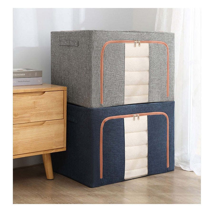 Cutie Depozitare Pliabila cu Cadru Metalic, Organizator Haine si Jucarii cu Fereastra, Bumbac si In Impermeabil, 66 L, 50x40x33 cm, Gri