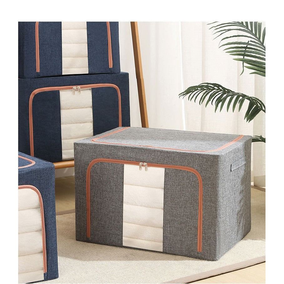 Cutie de Depozitare Pliabila, Organizator Haine si Jucarii cu Cadru Metalic, Material Textil Bumbac si In, Fereastra Frontala si 2 Usi cu Fermoar, 24 L, 40x30x20 cm, Gri