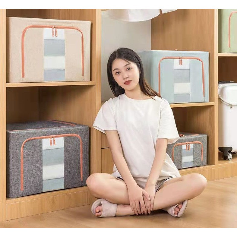 Cutie de Depozitare Pliabila, Organizator Haine si Jucarii cu Cadru Metalic, Material Textil Bumbac si In, Fereastra Frontala si 2 Usi cu Fermoar, 24 L, 40x30x20 cm, Gri