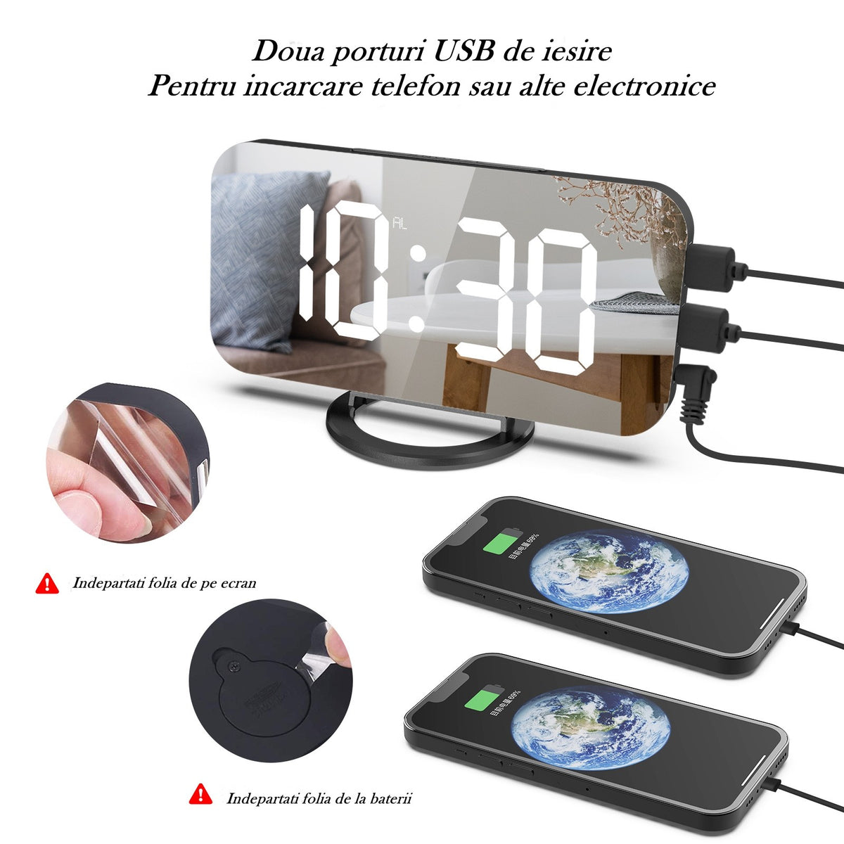 Ceas Digital cu LED si Alarma, Ecran Tip Oglinda pentru Machiaj, 2 Porturi USB pentru Incarcare Telefon, Functie Snooze, Alimentare USB, Plastic, 15.8 cm, Negru