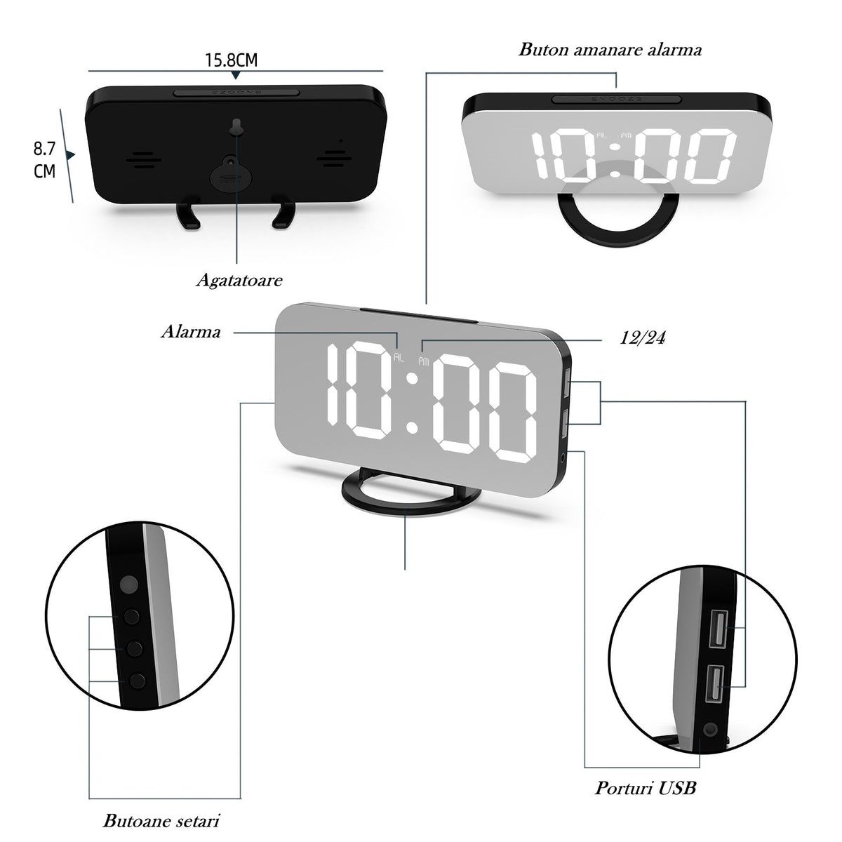 Ceas Digital cu LED si Alarma, Ecran Tip Oglinda pentru Machiaj, 2 Porturi USB de Incarcare, Functie Snooze, Alimentare USB, Plastic, 15.8 cm, Alb