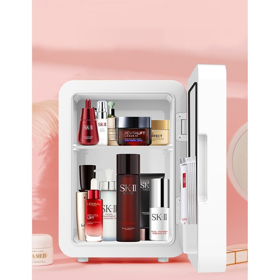 Mini Frigider Cosmetice Portabil, Functie de Racire si Incalzire, Oglinda cu LED, Alimentare 12V-220V, Capacitate 8L, Alb