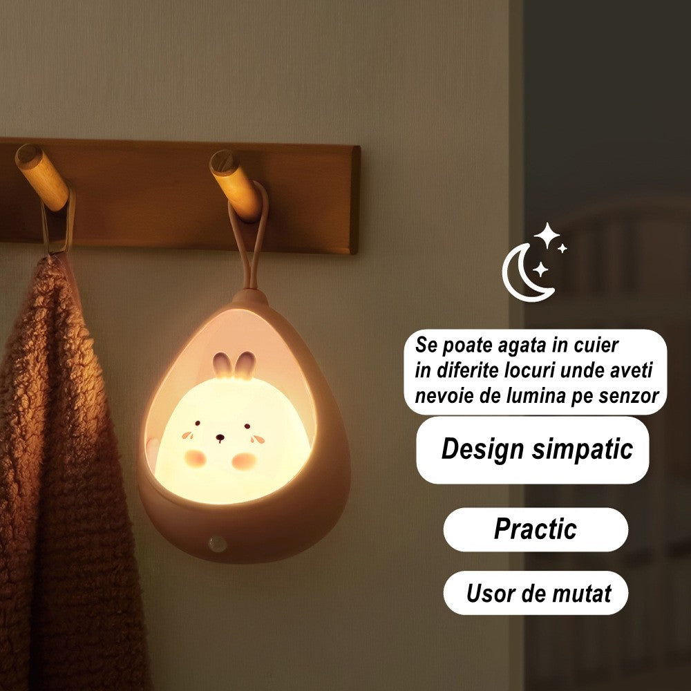 Lampa De Veghe Portabila Pentru Copii Cu Senzor De Miscare, Silicon Non-Toxic Reincarcabil USB, 2 Moduri De Functionare, Model Iepuras, Alb, 1200mAh