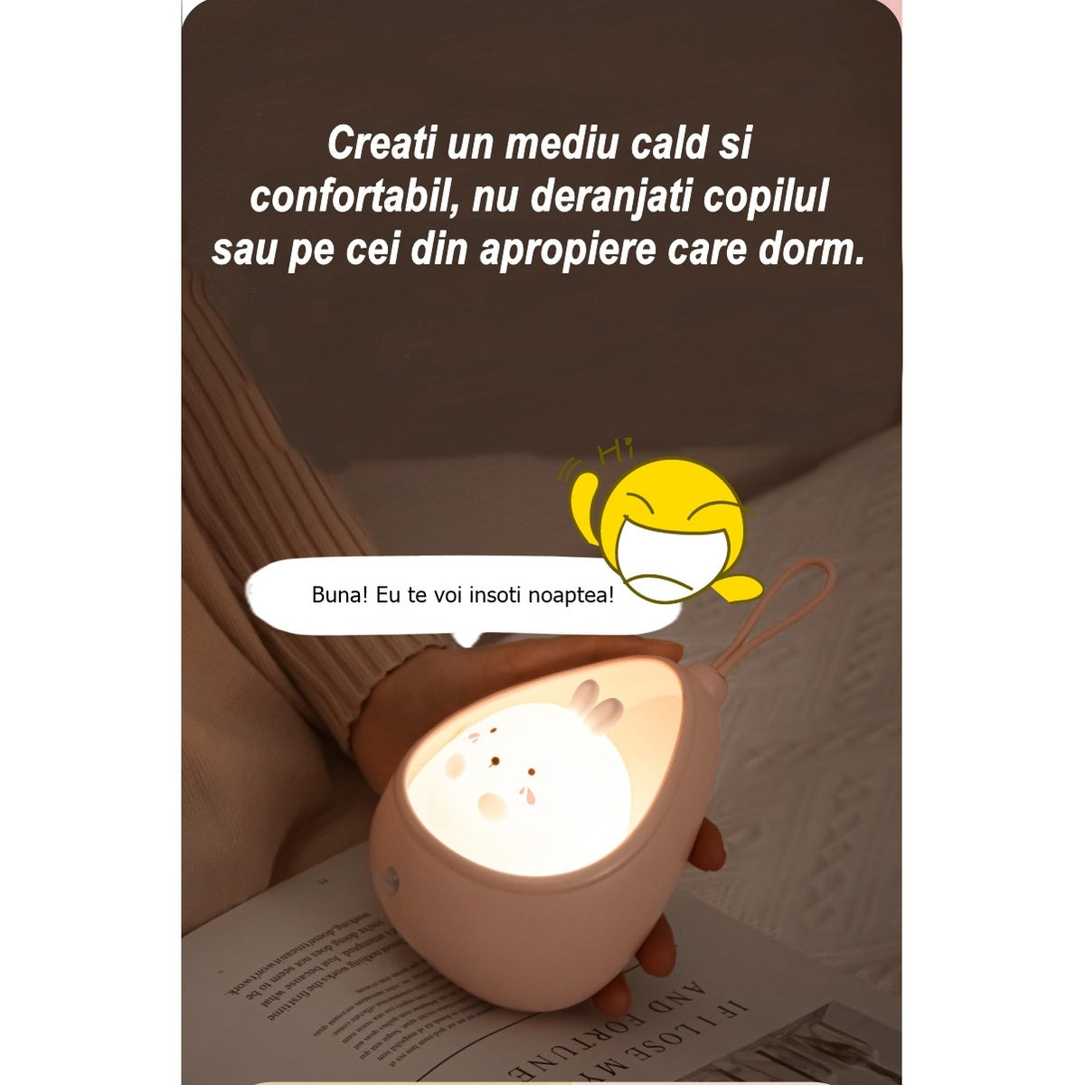 Lampa De Veghe Portabila Pentru Copii Cu Senzor De Miscare, Silicon Non-Toxic Si Plastic, Reincarcabila USB, Acumulator 1200mAh, Model Iepuras, Roz