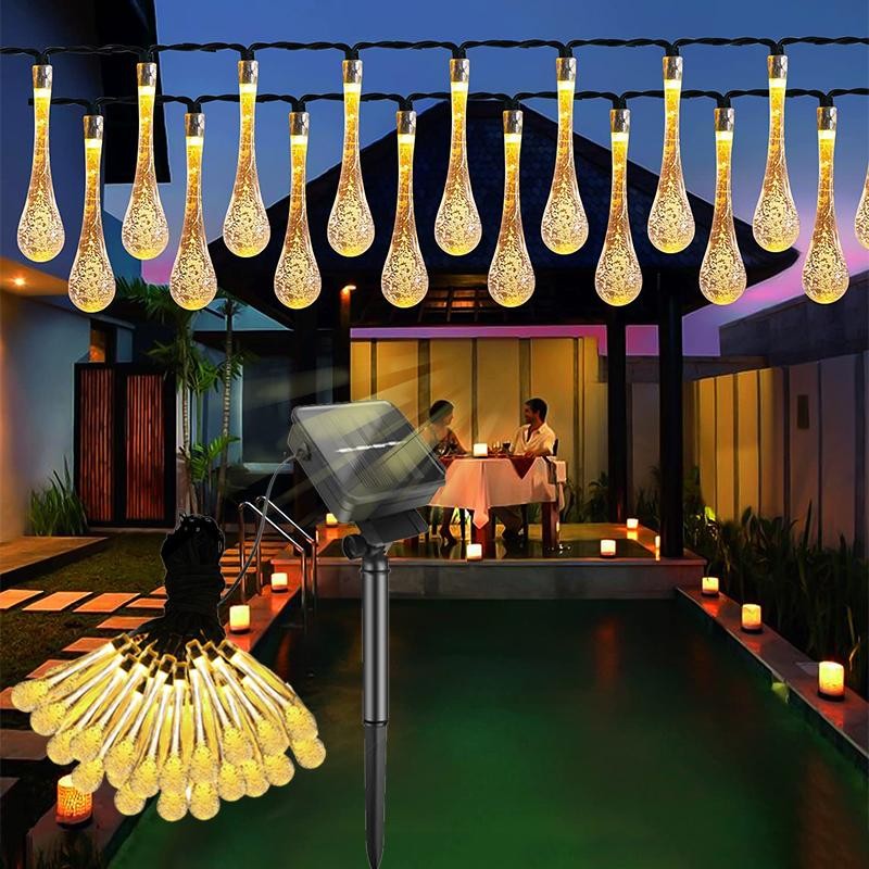 Instalatie Craciun Solara, Tip Picaturi de Apa, Senzor de Lumina, Rezistenta la Exterior, 20 LED, 5 m, Alb Cald