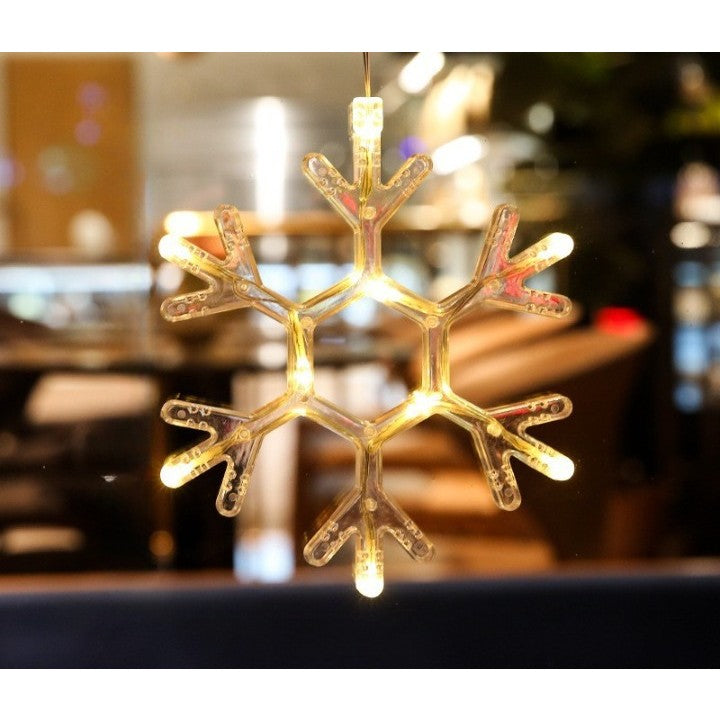 Decoratiune de Craciun Luminoasa in Forma de Fulg, Figurina LED cu Ventuza pentru Geam, Plastic, Alb Cald, 19x19 cm