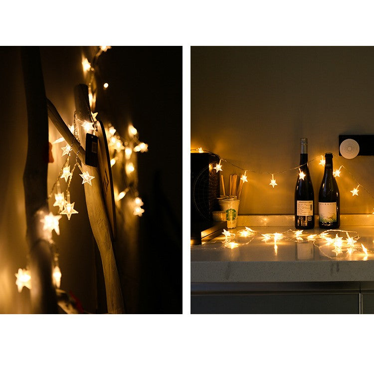 Instalatie Craciun cu 80 LED-uri tip Steluta, Alimentare pe Baterii, Lungime 10 Metri, Fir Cupru Transparent, Lumina Alb Cald