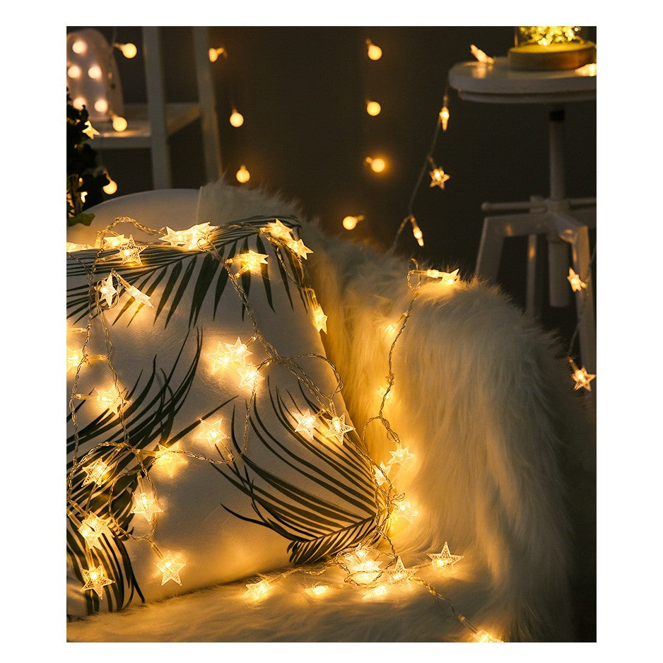 Instalatie Craciun cu 80 LED-uri tip Steluta, Alimentare pe Baterii, Lungime 10 Metri, Fir Cupru Transparent, Lumina Alb Cald