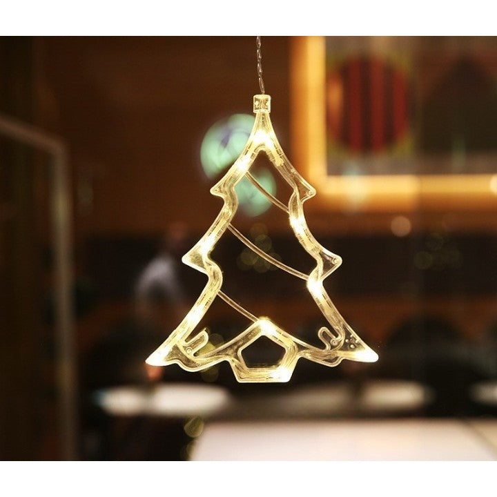 Decoratiune de Craciun Luminoasa, Brad cu LED si Ventuza pentru Geam, Figurina Suspendata din Plastic, Alimentare Baterii, Alb Cald, 21x13 cm