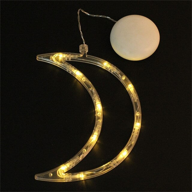 Decoratiune de Craciun Luminoasa in Forma de Luna, Figurina LED cu Ventuza pentru Geam, Plastic, Lumina Alb Cald, 18.5x12 cm