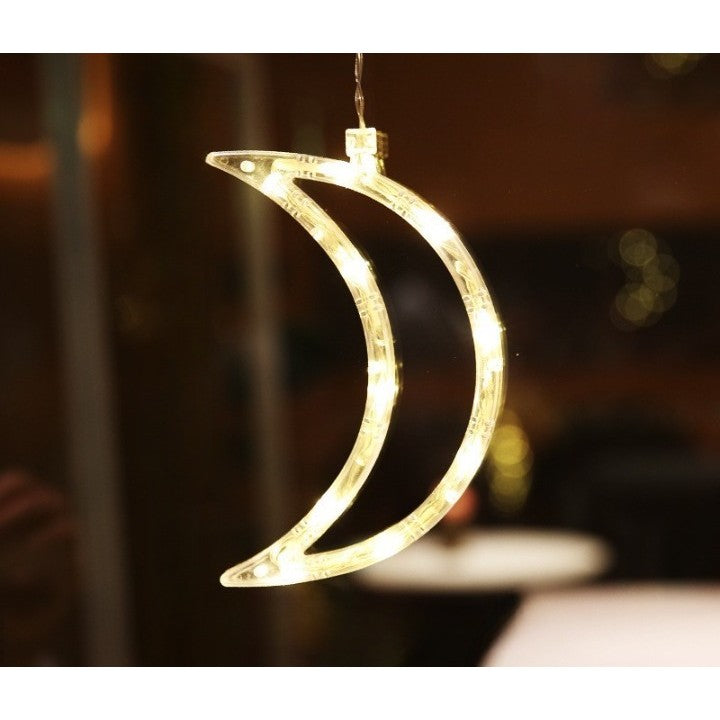 Decoratiune de Craciun Luminoasa in Forma de Luna, Figurina LED cu Ventuza pentru Geam, Plastic, Lumina Alb Cald, 18.5x12 cm