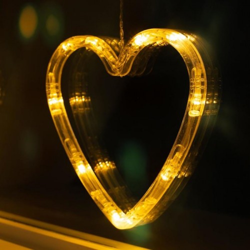 Decoratiune de Craciun Luminoasa in Forma de Inima, Figurina cu LED si Ventuza pentru Geam, Plastic cu Intrerupator, Alb Cald, 21x13 cm