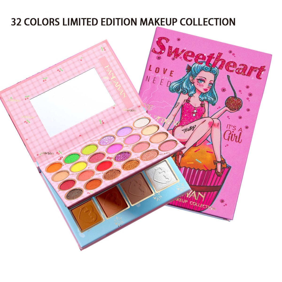 Trusa Machiaj Sweetheart, Paleta Farduri de Pleoape, Iluminator si Blush, Textura Fina cu Finish Mat si Metalic, 32 Culori Pigmentate