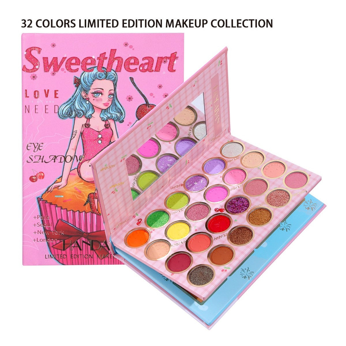Trusa Machiaj Sweetheart, Paleta Farduri de Pleoape, Iluminator si Blush, Textura Fina cu Finish Mat si Metalic, 32 Culori Pigmentate
