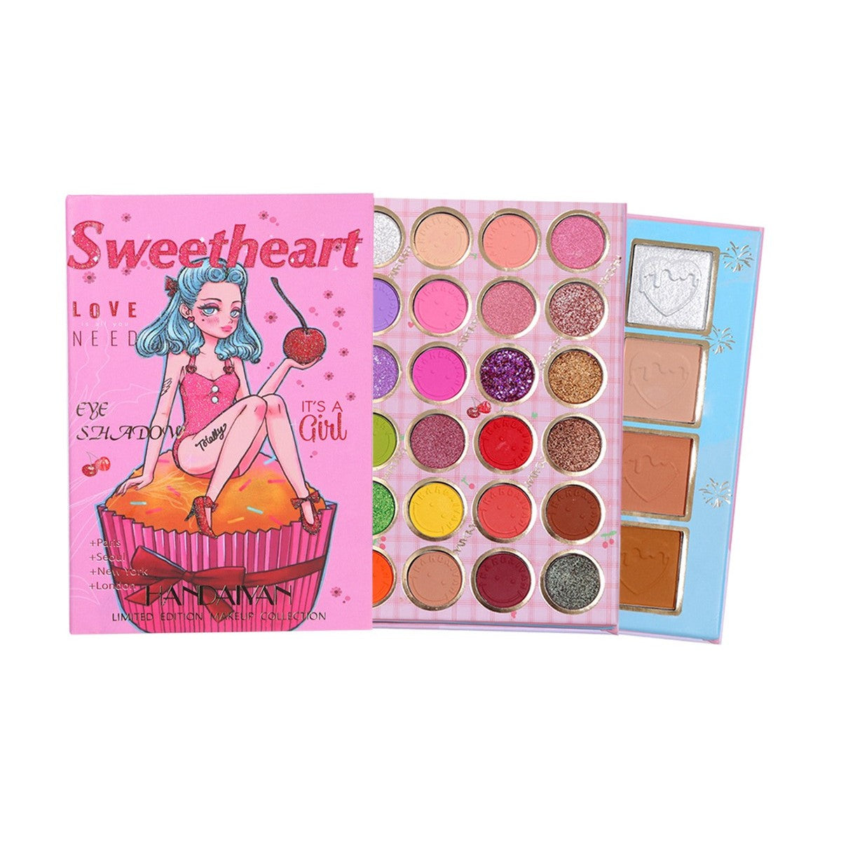 Trusa Machiaj Sweetheart, Paleta Farduri de Pleoape, Iluminator si Blush, Textura Fina cu Finish Mat si Metalic, 32 Culori Pigmentate