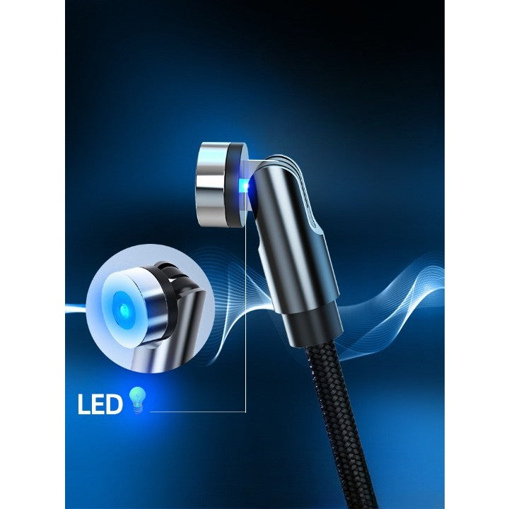 Cablu Incarcare Magnetic 3 in 1, Rotatie 540 Grade, Nylon Impletit, Indicator LED, 3 Conectori Micro USB, Tip C si Lightning, 2 m, Negru