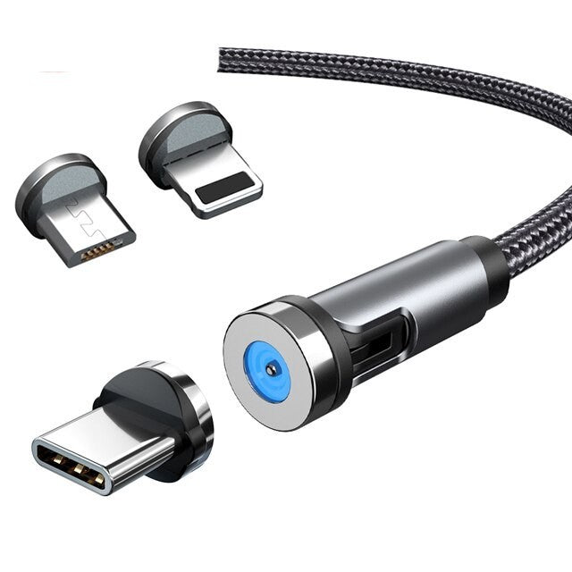 Cablu Incarcare Magnetic 3 In 1, Rotatie 540 Grade, Conectori Micro-USB, Type-C, Lightning, Nylon Impletit, Indicator LED, 1 m, 2.4 A, Negru