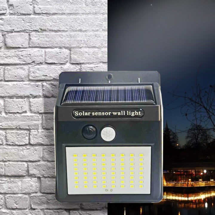 Lampa Solara de Perete cu Senzor de Miscare si Lumina, 64 LED, Unghi Detectie 180 Grade, Acumulator 1200 mAh, Exterior, Plastic ABS, Negru