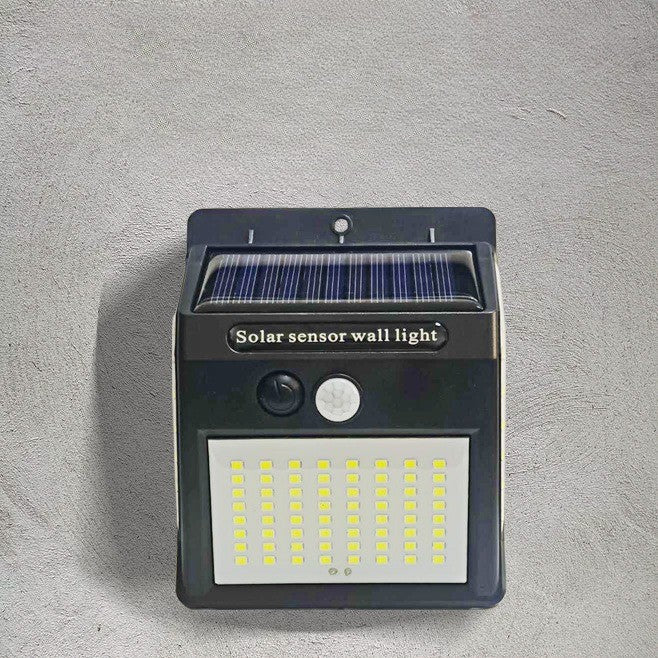 Lampa Solara de Perete cu Senzor de Miscare si Lumina, 64 LED, Unghi Detectie 180 Grade, Acumulator 1200 mAh, Exterior, Plastic ABS, Negru