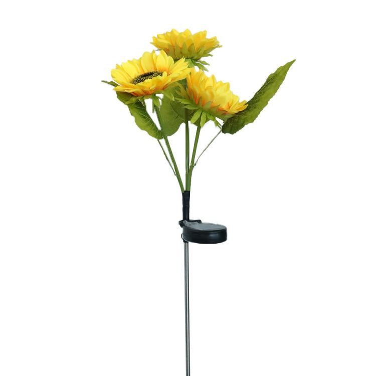 Lampa Solara LED Decorativa Floarea Soarelui, 3 Flori cu 30 Micro-LED-uri, Senzor de Lumina si Protectie IP65, Plastic, Inaltime 70 cm, Galben/Verde