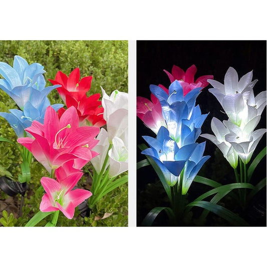 Lampa Solara LED Tip Crin cu 4 Flori, Inaltime 80 cm, Senzor Lumina, RGB Colorat, Protectie IP65, Material Textil si ABS, Albastru/Alb/Rosu/Galben/Violet