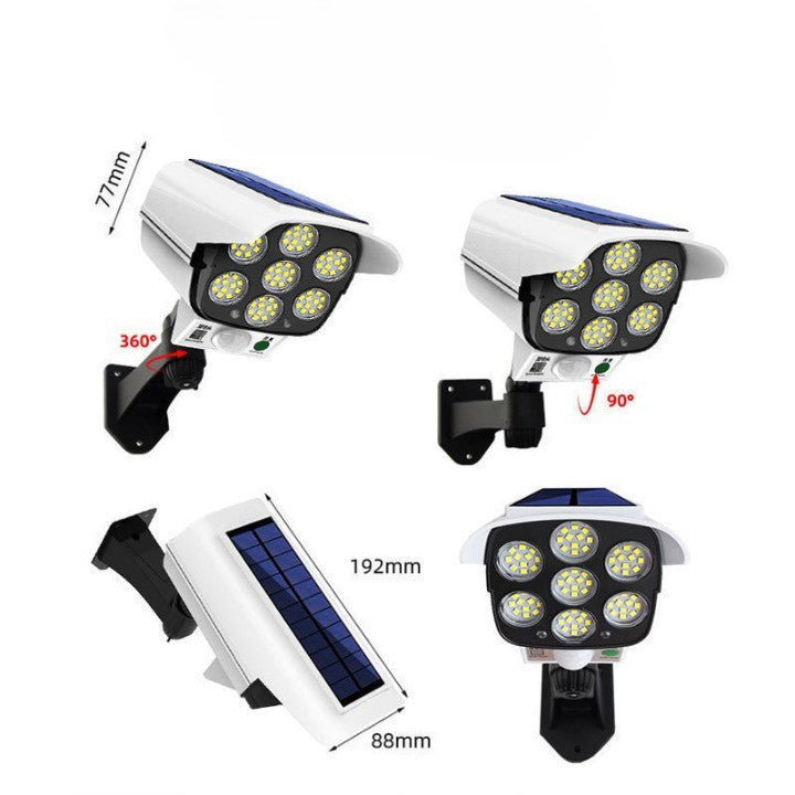 Camera Supraveghere Falsa Cu Incarcare Solara, Proiector 77 LED-uri, Senzor Miscare Si Telecomanda, Rezistenta Apa, 3 Moduri Iluminare, Alb-Negru