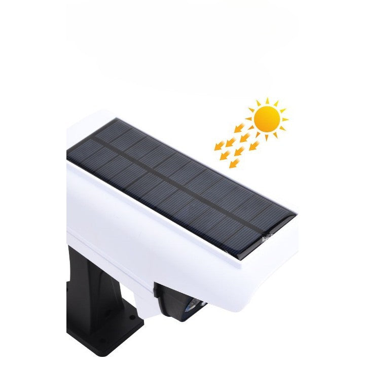Camera Supraveghere Falsa Cu Incarcare Solara, Proiector 77 LED-uri, Senzor Miscare Si Telecomanda, Rezistenta Apa, 3 Moduri Iluminare, Alb-Negru