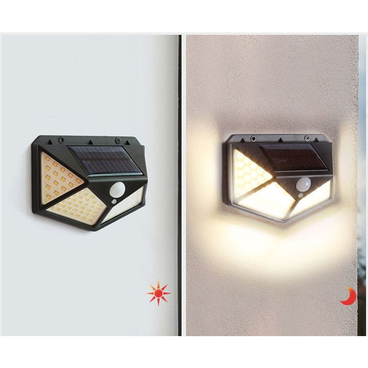 Lampa Solara Cu Senzor De Miscare Si Lumina, Proiector LED Exterior Cu 4 Zone De Iluminare, Montaj Pe Perete Fara Cabluri, Material ABS, 100 LED, Acumulator 1200 mAh, Negru